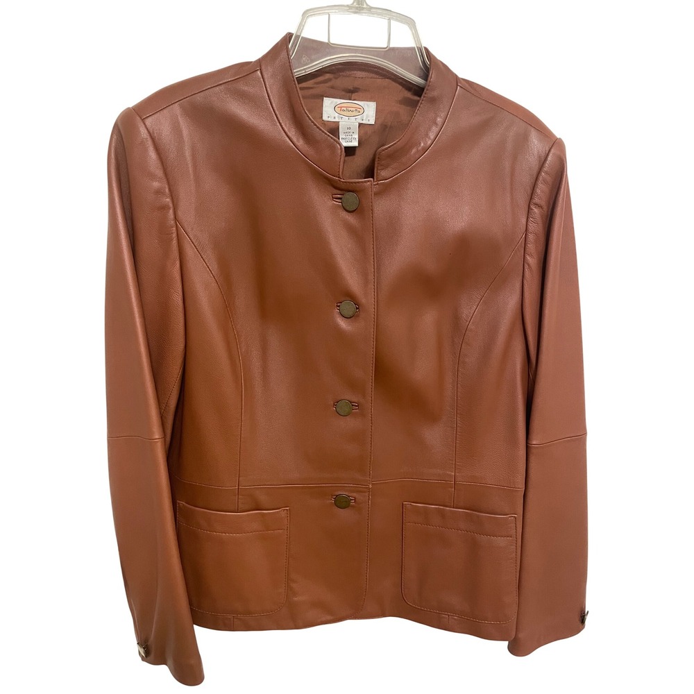 Cognac Brown Leather Jacket Vintage Stand Collar Button Front Talbots Petites 10